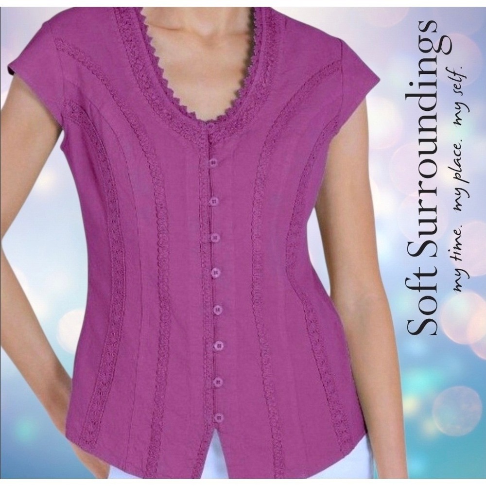 Soft Surroundings Taos Blouse Women Embroidered Lace Button Front Purple PL